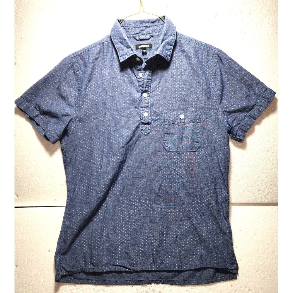Express Shirt Mens Medium Blue Micro Dots Short Sleeve Collared Denim Look